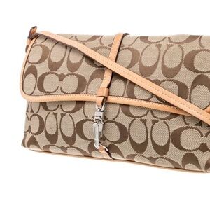 Coach Brown & Beige Signature Canvas Crossbody Bag with Tan Leather Trim